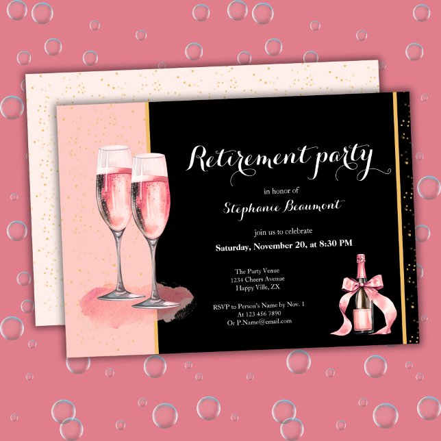 Women's Retirement Pink Black Champagne Invitation (Creator Uploaded)