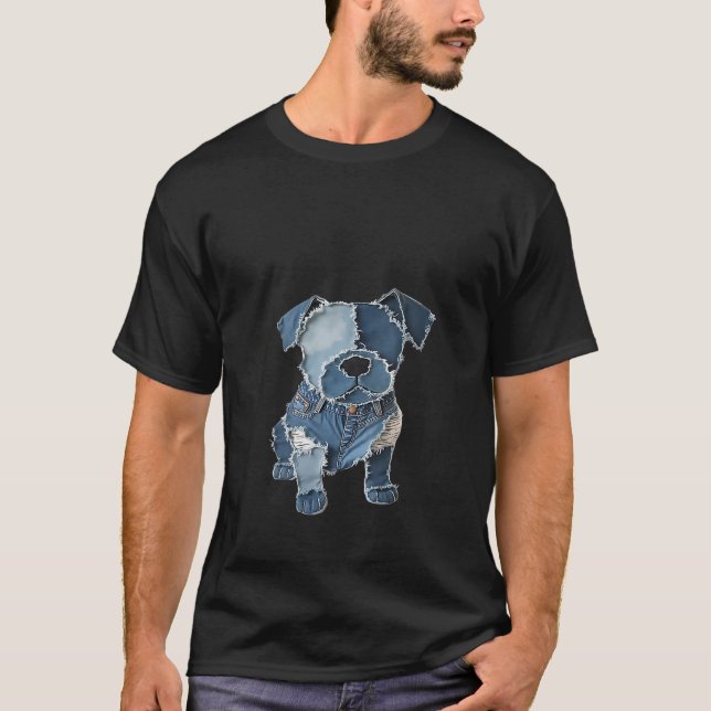 Womens Retro Funny Denim Patch Animal Dog Print V  T-Shirt (Front)