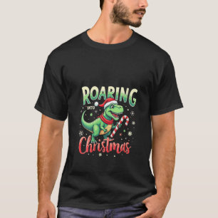 Womens Roaring into Christmas T Rex Santa Hat Cand T-Shirt