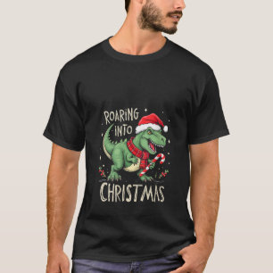 Womens Roaring into Christmas T Rex Santa Hat Cand T-Shirt