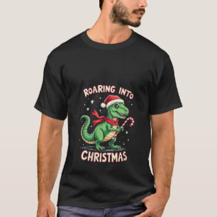 Womens Roaring into Christmas T Rex Santa Hat Cand T-Shirt