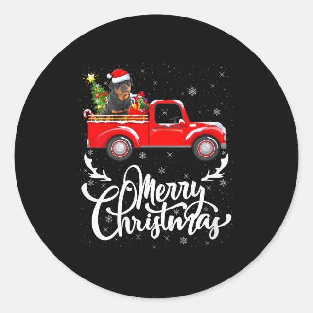 Womens Rottweiler Dog On Christmas Tree Red Truck  Classic Round Sticker (Front)