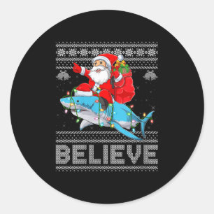 Womens Santa Riding Shark Ugly Christmas Sweater B Classic Round Sticker
