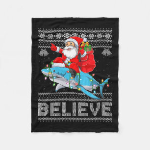 Womens Santa Riding Shark Ugly Christmas Sweater B Fleece Blanket