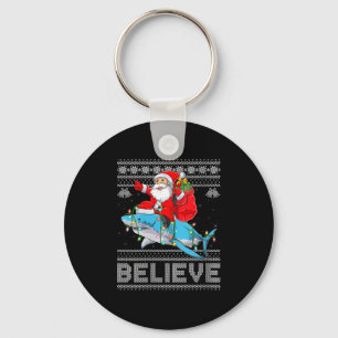 Womens Santa Riding Shark Ugly Christmas Sweater B Keychain