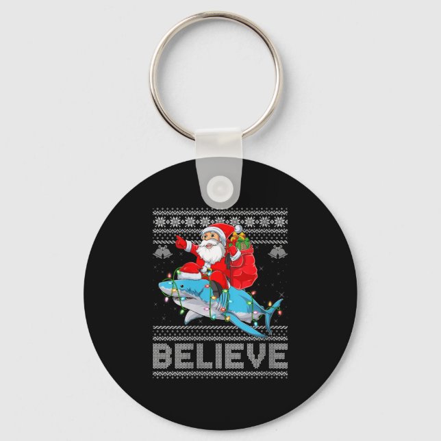 Womens Santa Riding Shark Ugly Christmas Sweater B Keychain (Front)