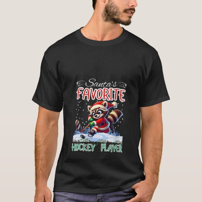 Womens Santa s Favourite Hockey Player Raccoon Ice T-Shirt (Front)
