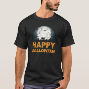Womens Scary Halloween Moon Cat Design T-Shirt
