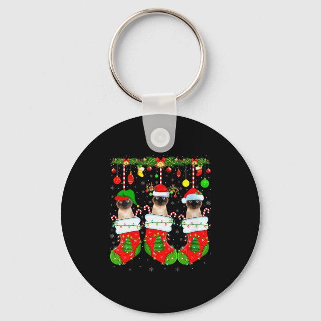 Womens Siamese Cats In Christmas Socks Funny Cat X Keychain (Front)