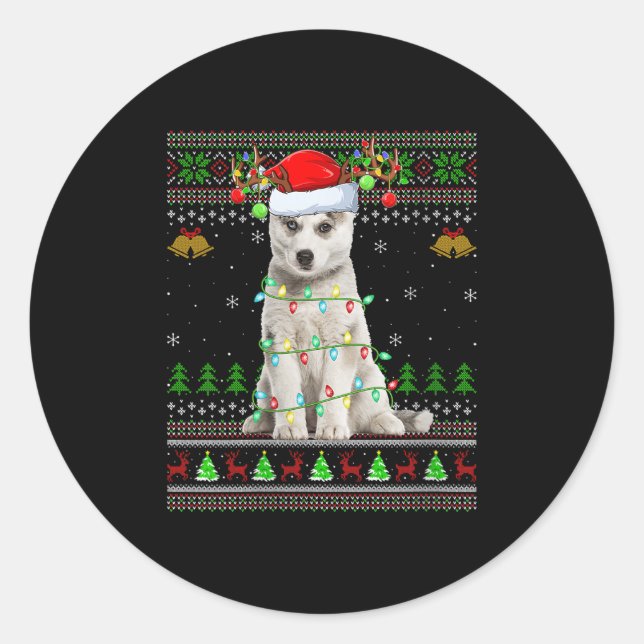 Womens Siberian Husky Dog Ugly Christmas Sweater H Classic Round Sticker (Front)