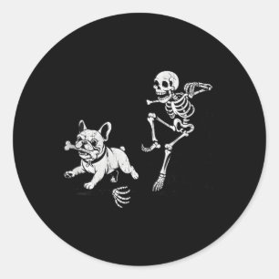 Womens Skeleton Chasing Dog French Bulldog Classic Round Sticker