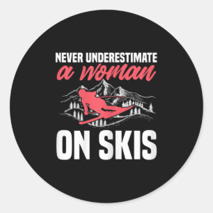 Womens Ski Funny Skiing Never Underestimate A Woma Classic Round Sticker