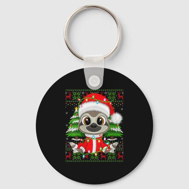 Womens Sloth Christmas Lights Santa Costume Ugly X Keychain (Front)
