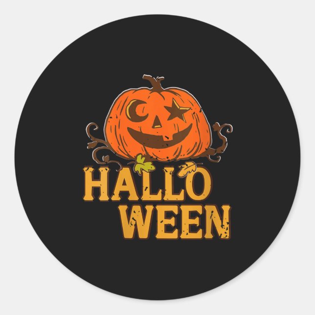 Womens Smiling Pumpkin Moon Star Eyes Halloween Hu Classic Round Sticker (Front)