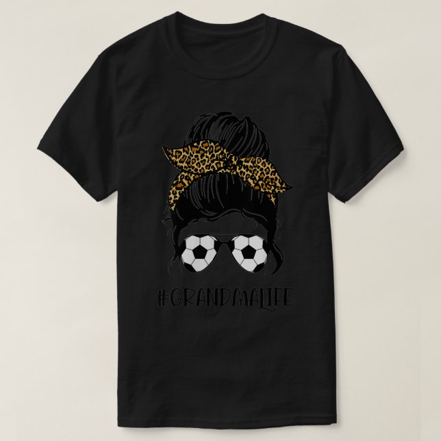 Womens Soccer Grandma Life Messy Bun Leopard Print T-Shirt (Design Front)