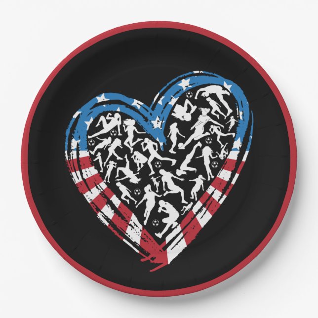 Women's Soccer Heart - USA American Flag Paper Plate (Front)