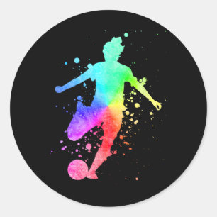 Womens Soccer Player Female Athlete Rainbow Color Classic Round Sticker