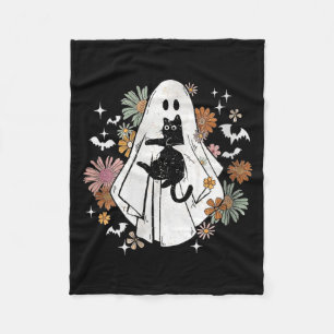 Womens Spooky Ghost Holding Black Cat Groovy Fleece Blanket