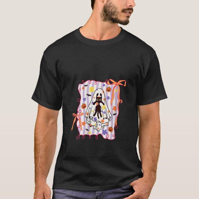 Womens Spooky Ghost Holding Cat Coquette Floral Pu T-Shirt (Front)