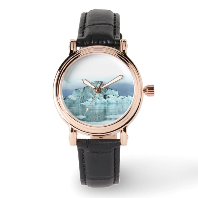 Women's Square Leather Strap Watch w/ icebergs (Front)