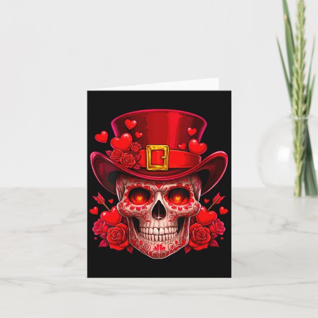 Women's Sugar Skull Valentine Cud Red Roses Couple Card (Front)