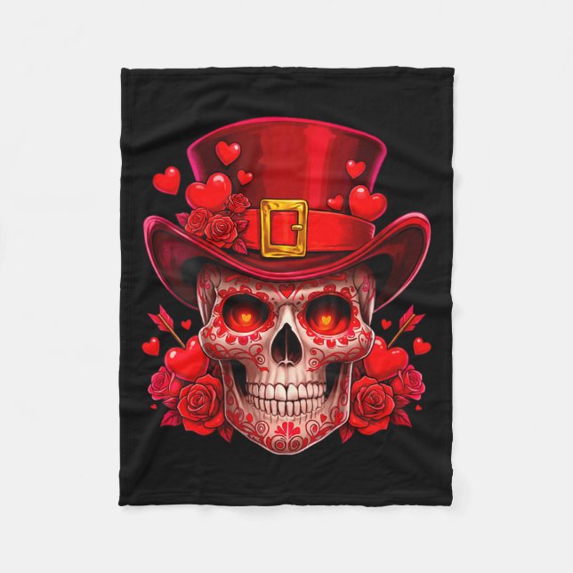 Women's Sugar Skull Valentine Cud Red Roses Couple Fleece Blanket (Front)
