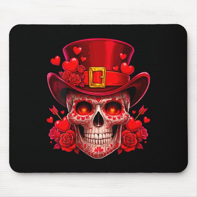 Women's Sugar Skull Valentine Cud Red Roses Couple Mouse Pad (Front)