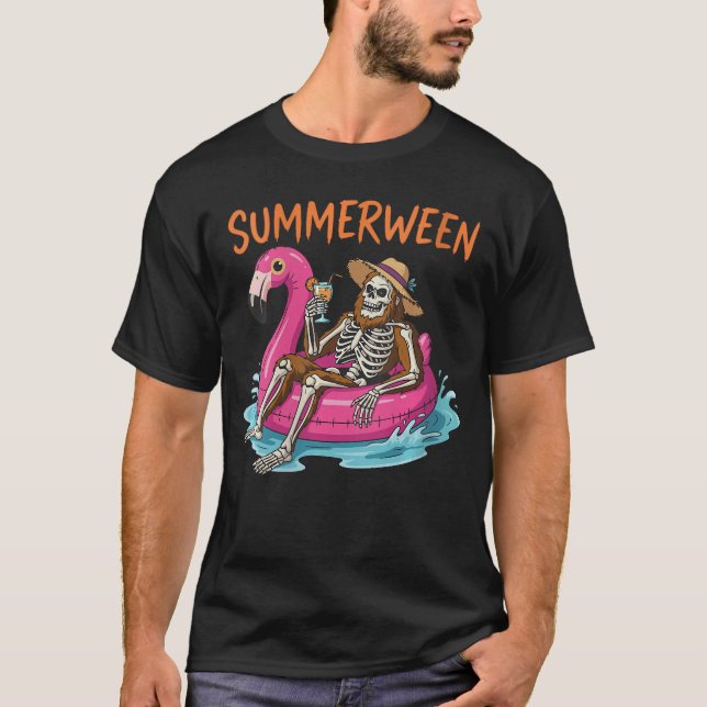 Womens Summerween Skeleton Pool Party Flamingo Flo T-Shirt (Front)