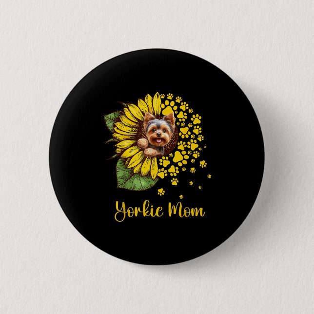Womens Sunflower Yorkie Mom Dog Lover  2 Inch Round Button (Front)