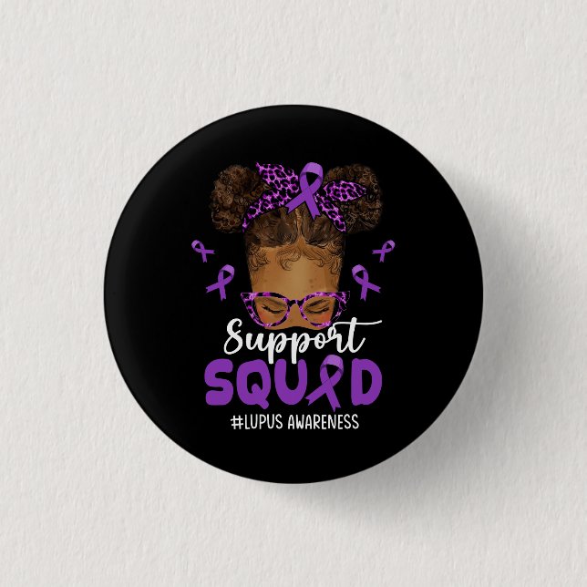 Womens Support Squad Afro Messy Bun Leopard Lupus  1 Inch Round Button (Front)