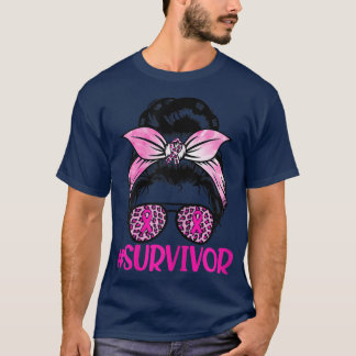 Womens Survivor Breast Cancer Awareness Messy Bun  T-Shirt