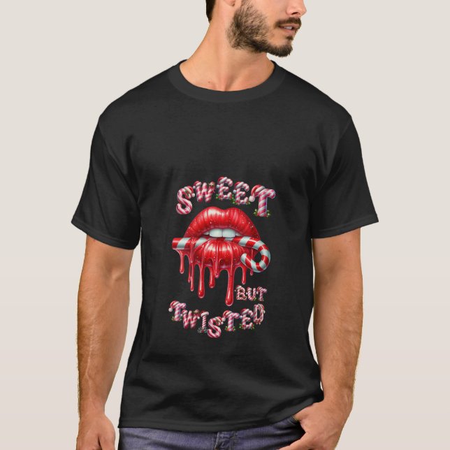 Womens Sweet But Twisted Valentine Lips Candy Cane T-Shirt (Front)