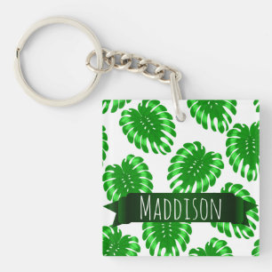 Womens Teen Girls Green Tropical Leaf Personalized Keychain