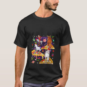 Womens Three Santa Reindeer Elf Horses Riding Pizz T-Shirt
