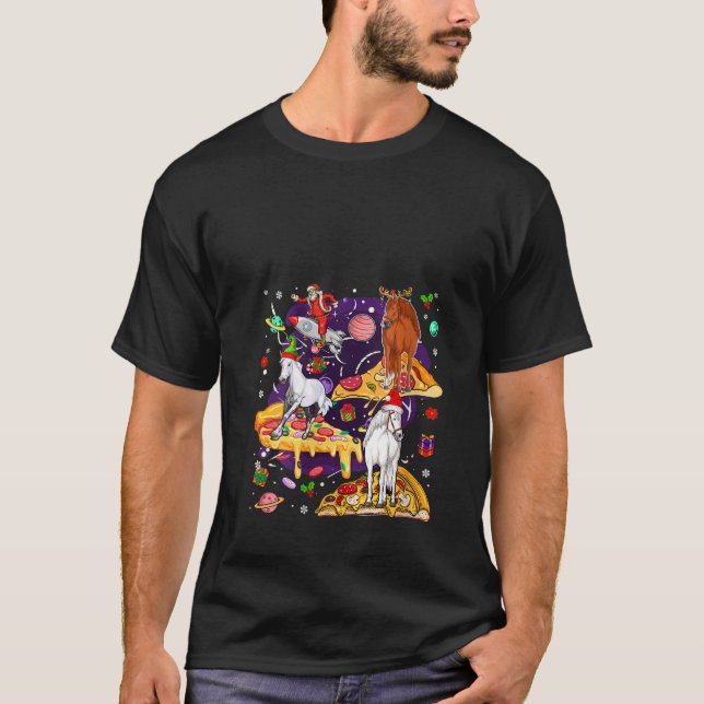 Womens Three Santa Reindeer Elf Horses Riding Pizz T-Shirt (Front)