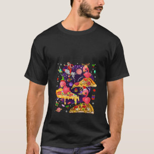Womens Three Santa Reindeer Flamingos Riding Pizza T-Shirt