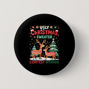 Womens Ugly Christmas Sweater Reindeer Contest Win 2 Inch Round Button