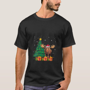 Womens Ugly Moose Santa Hat Christmas Tree Lights  T-Shirt