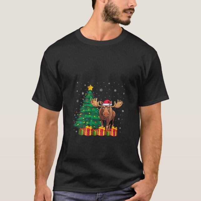 Womens Ugly Moose Santa Hat Christmas Tree Lights  T-Shirt (Front)