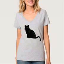 Women's V neck black cat shirt regular fit