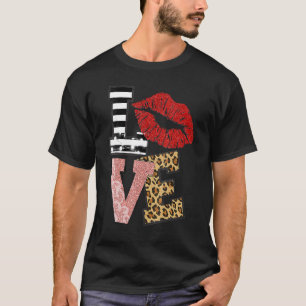 Womens Valentine Red Lips Love Leopard V Neck T-Shirt