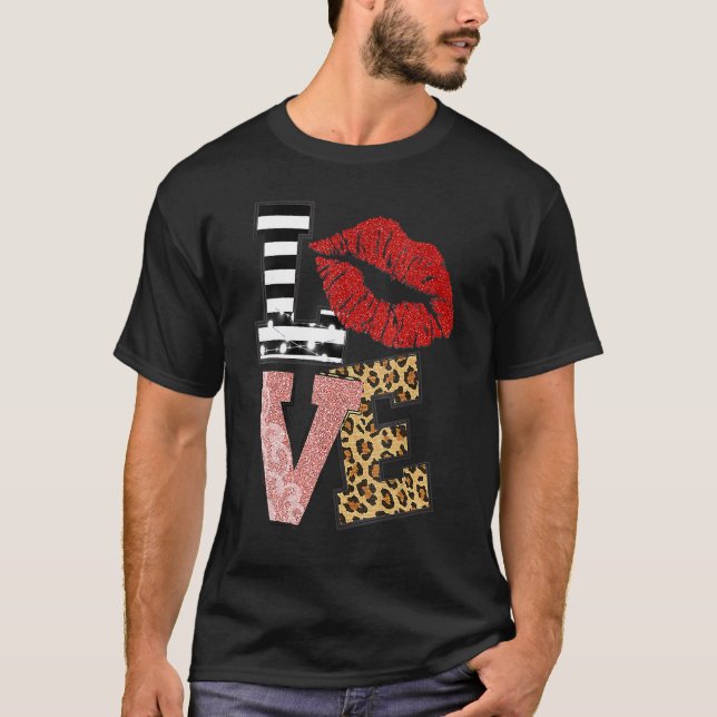 Womens Valentine Red Lips Love Leopard V Neck T-Shirt (Front)