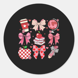 Womens Valentine Teacher Coquette Bow Teacher Vale Classic Round Sticker