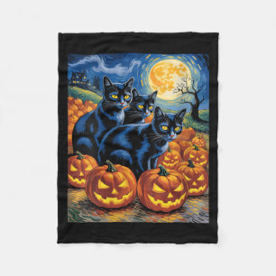 Womens Van Gogh Style Black Cats Halloween Pumpkin Fleece Blanket