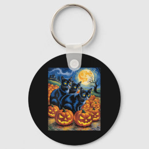 Womens Van Gogh Style Black Cats Halloween Pumpkin Keychain