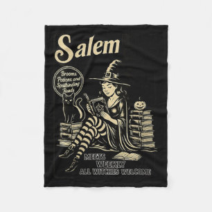 Womens Vintage Salem Book Club Black Cat Bookish Fleece Blanket