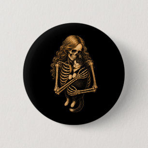 Womens Vintage Skeleton Hugging Tuxedo Cat 2 Inch Round Button