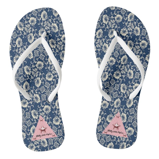 Women's White And Blue Floral Adult Flip Flops (Footbed)