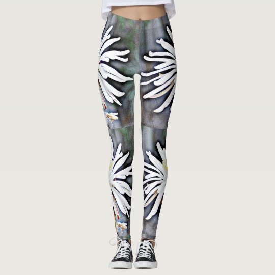 Women's White Cactus Flower Leggings. Leggings