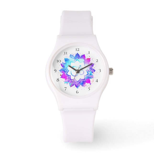 *~* Women's White Om Lotus Flower Mandala New Age Watch (Front)